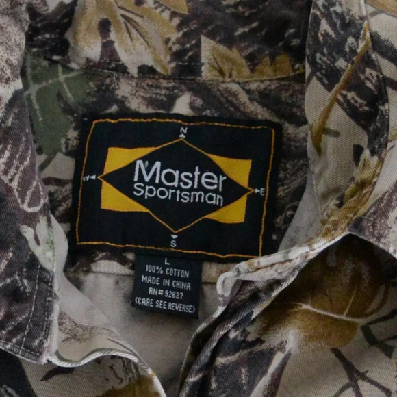 Vintage Master Sportsman Tan Brown & Camo Hunting Print 100%  Thick Cotton Shirt - Picture 12 of 12